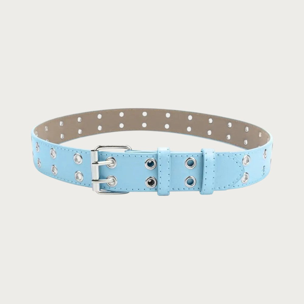 Ceinture punk pour enfant en similicuir bleu clair avec double rangée d'œillets métalliques et boucle à ardillon