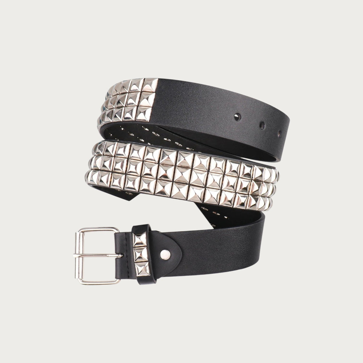 Ceinture punk Ceintura noire enroulée en spirale, clous pyramidaux argentés et boucle ardillon en bas