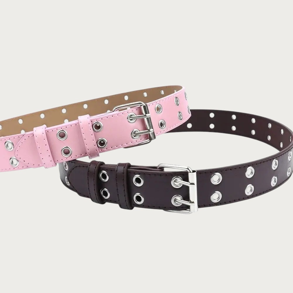 Ceintura ceinture punk pour enfant en cuir PU rose et marron avec double rangée d'œillets et boucle ardillon métallique