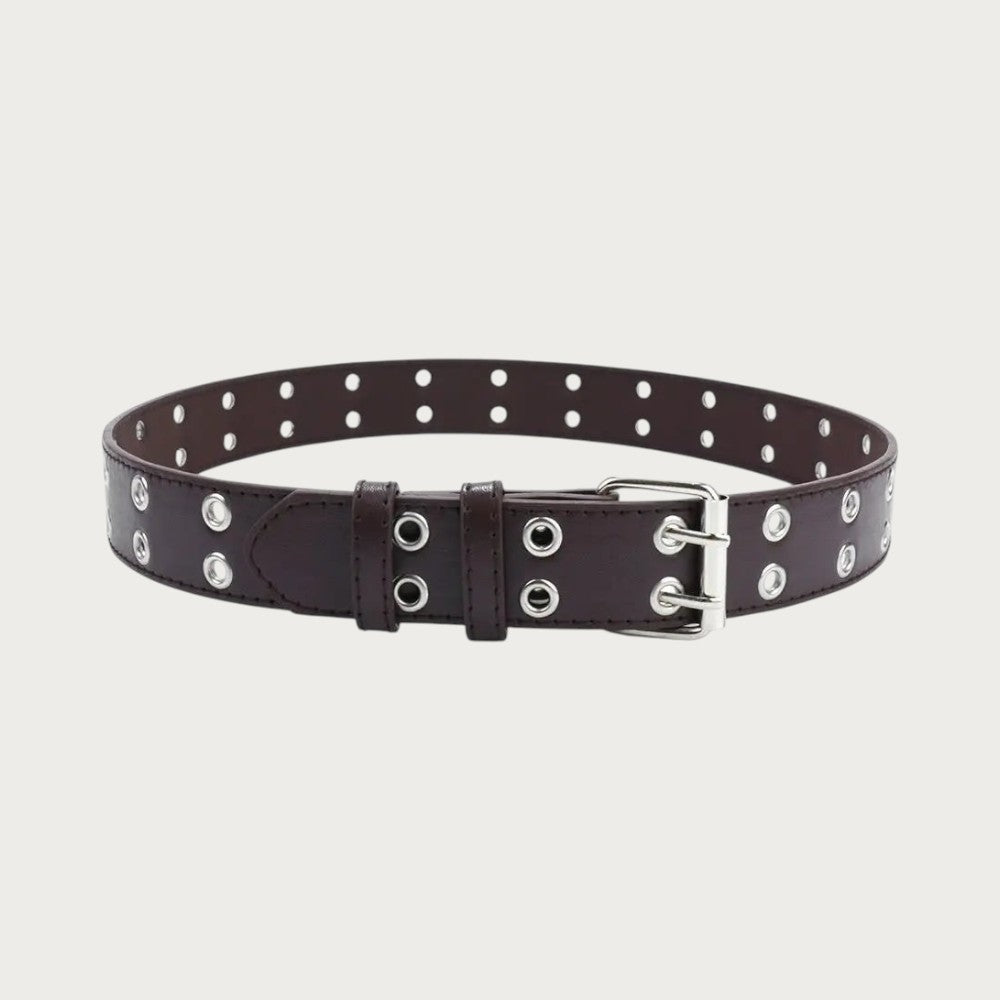 Ceinture punk pour enfant en similicuir marron avec double rangée d'œillets métalliques et boucle ardillon