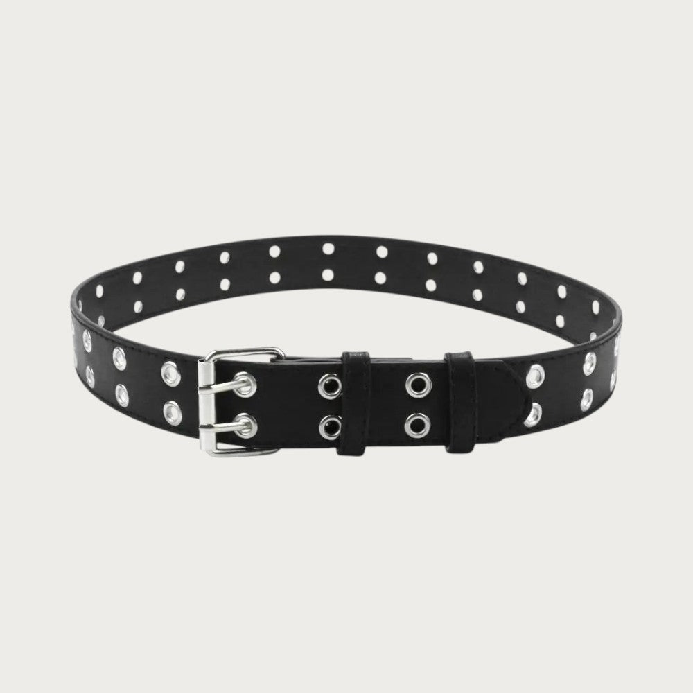 Ceinture punk pour enfant en cuir PU noir avec double rangée d'œillets métalliques et boucle ardillon argentée