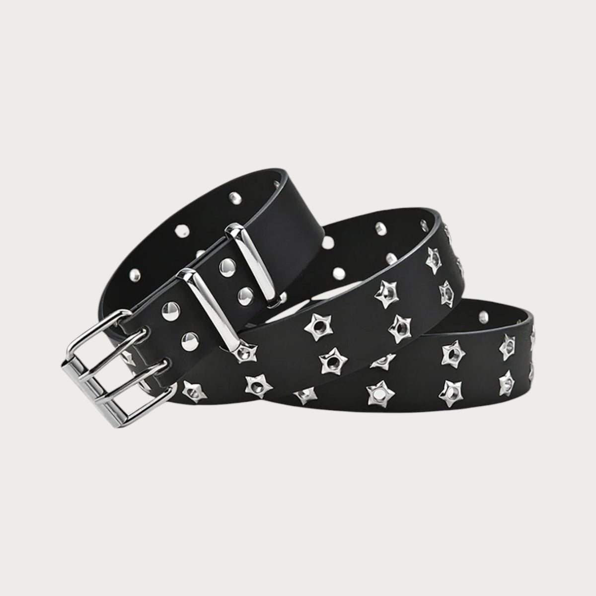 Ceintura ceinture punk unisexe en cuir PU noir avec rivets en forme d'étoile et double boucle ardillon argentée