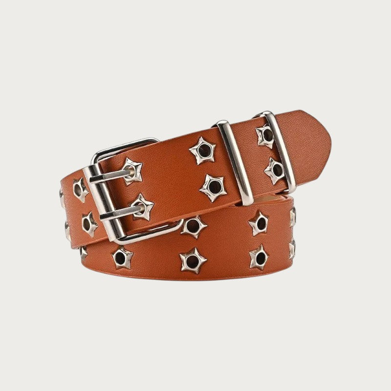 Ceintura ceinture punk marron en similicuir avec œillets en forme d'étoile et double boucle ardillon argentée