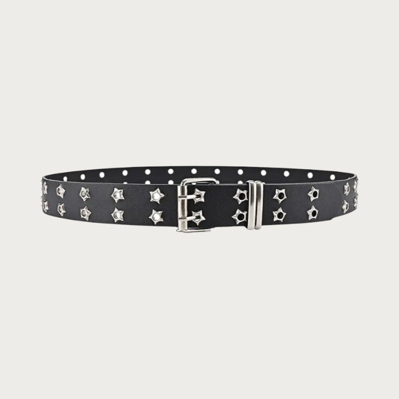 Ceinture punk unisexe Ceintura en cuir PU noir avec rivets en forme d'étoiles et double boucle ardillon argentée Image