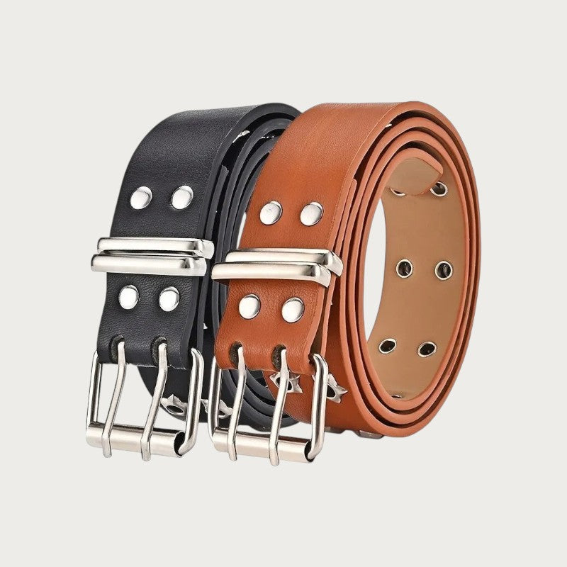 Ceintura ceinture punk unisexe en similicuir noir et marron avec rivets en forme d'étoile et double boucle ardillon