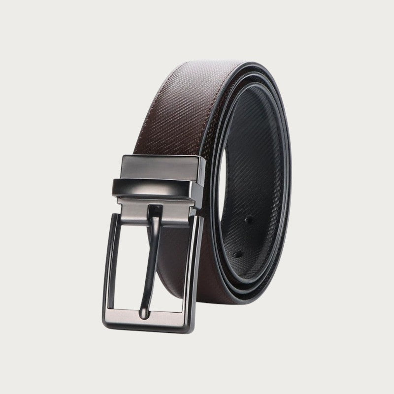 Ceinture réversible pour homme en cuir fendu marron et noir avec boucle rotative métallique