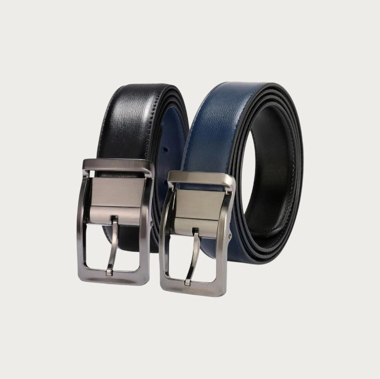 Ceinture homme réversible Ceintura en cuir noir et bleu avec boucle rotative brossée élégante Image