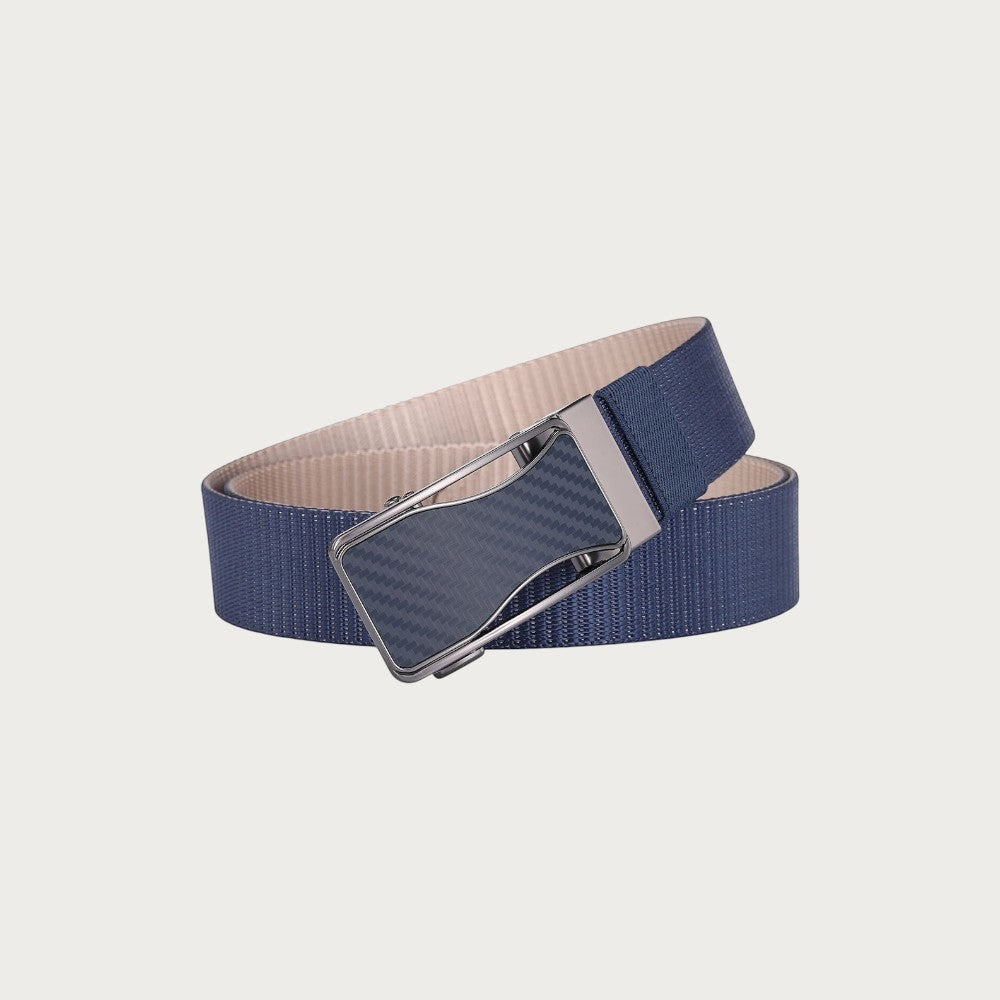 Ceinture réversible Ceintura en toile bleue et beige avec boucle plaque texturée bleue