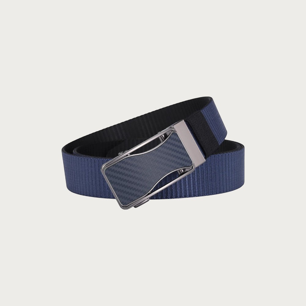 Ceinture réversible Ceintura en toile bleue avec boucle plaque métallique texturée effet carbone