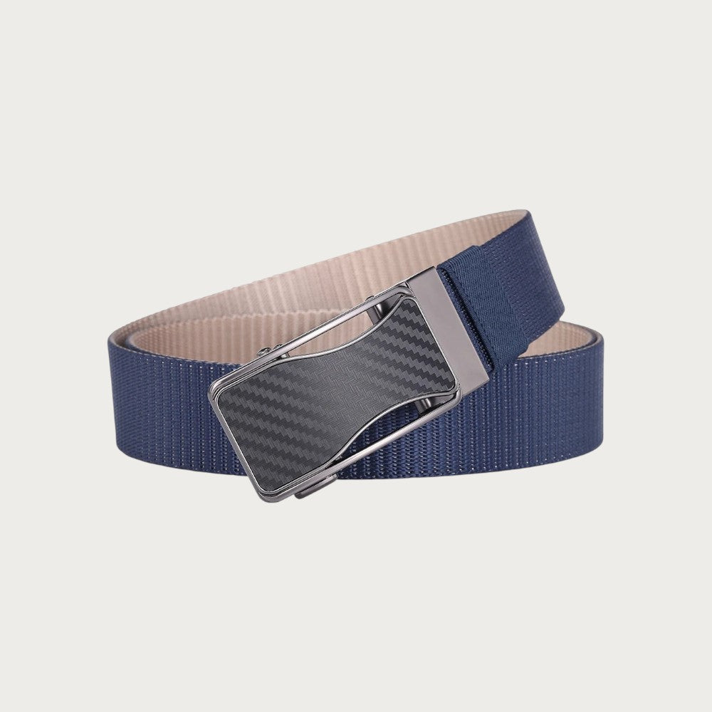 Ceinture réversible Ceintura en toile tissée bleue et beige avec boucle plaque noire mate au design texturé