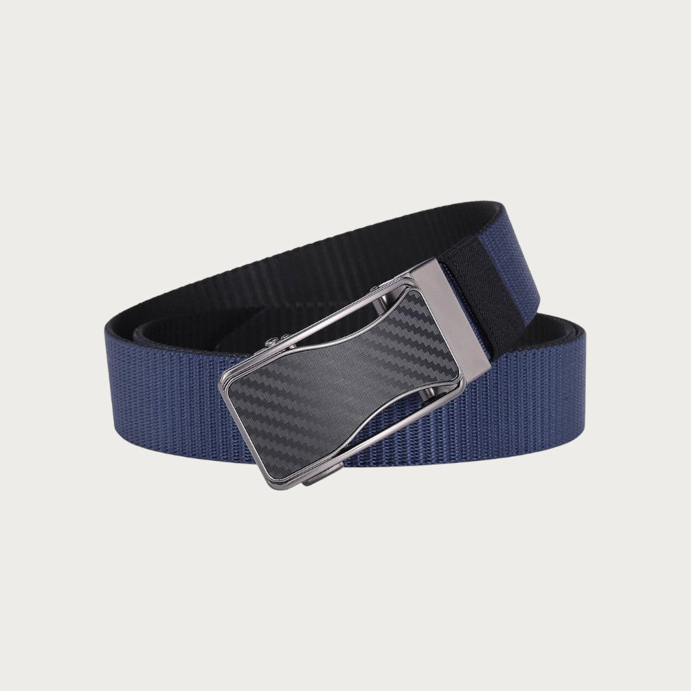 Ceinture réversible Ceintura en toile bleue et noire avec boucle plaque mate à motif carbone