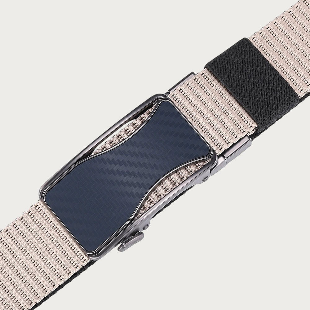 Ceinture réversible Ceintura en toile beige et noire avec boucle plaque bleue texturée au design moderne