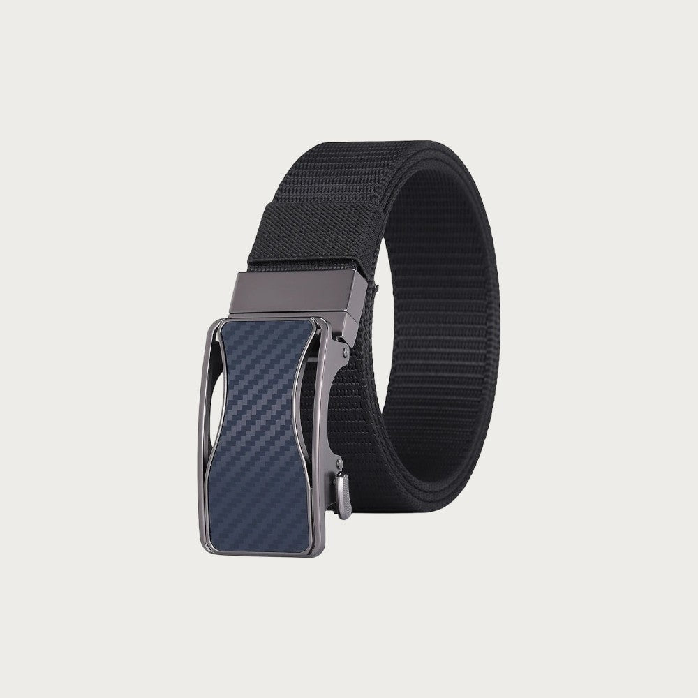 Ceinture homme réversible Ceintura en toile noire avec une boucle plaque bleue au motif carbone élégant