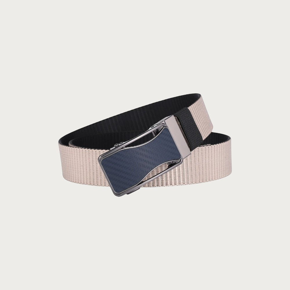 Ceinture réversible Ceintura en toile beige et noire avec boucle plaque bleue texturée