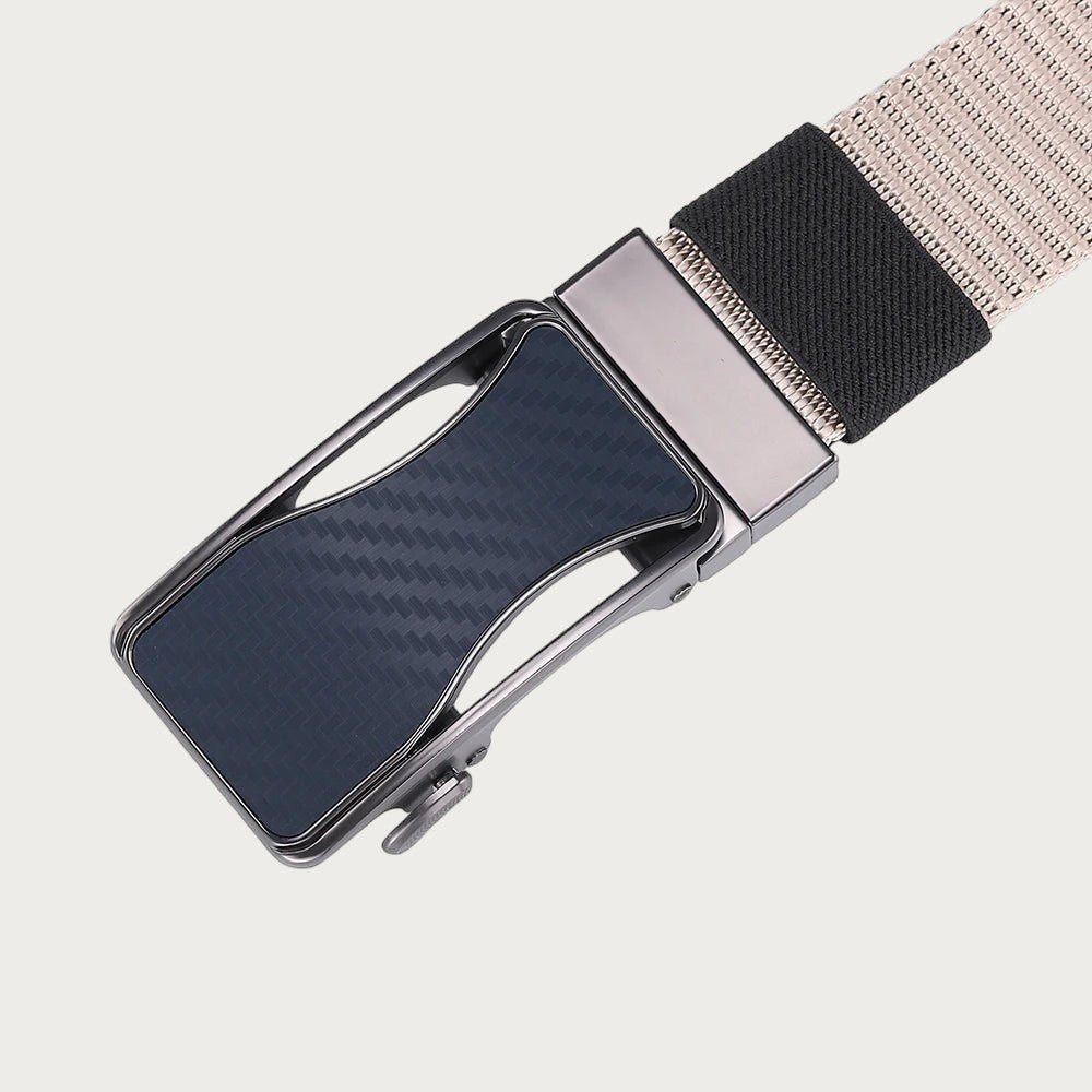 Ceinture réversible Ceintura en toile tissée beige et noire avec boucle plaque bleue à motif carbone