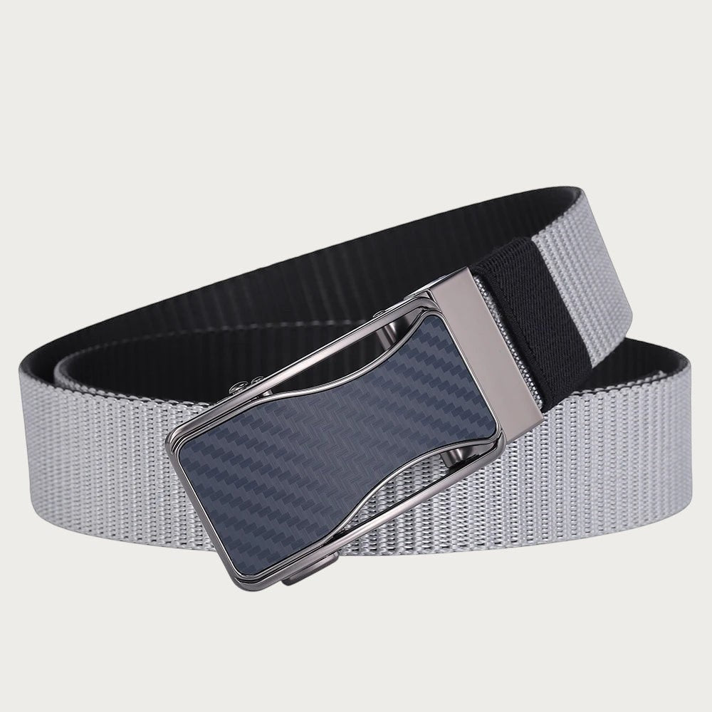 Ceinture réversible Ceintura en toile grise et noire avec boucle plaque bleue à motif carbone