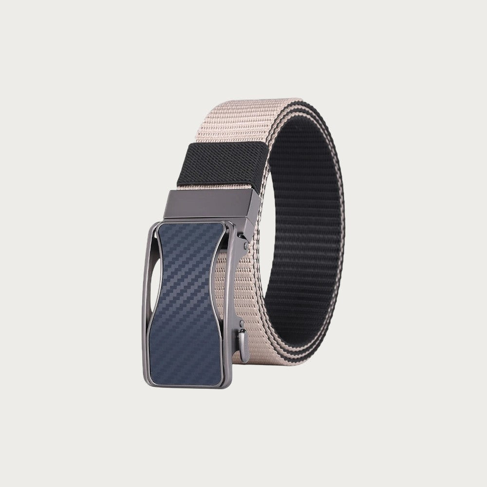 Ceinture réversible Ceintura en toile beige et noire avec boucle plaque bleue texturée pour homme