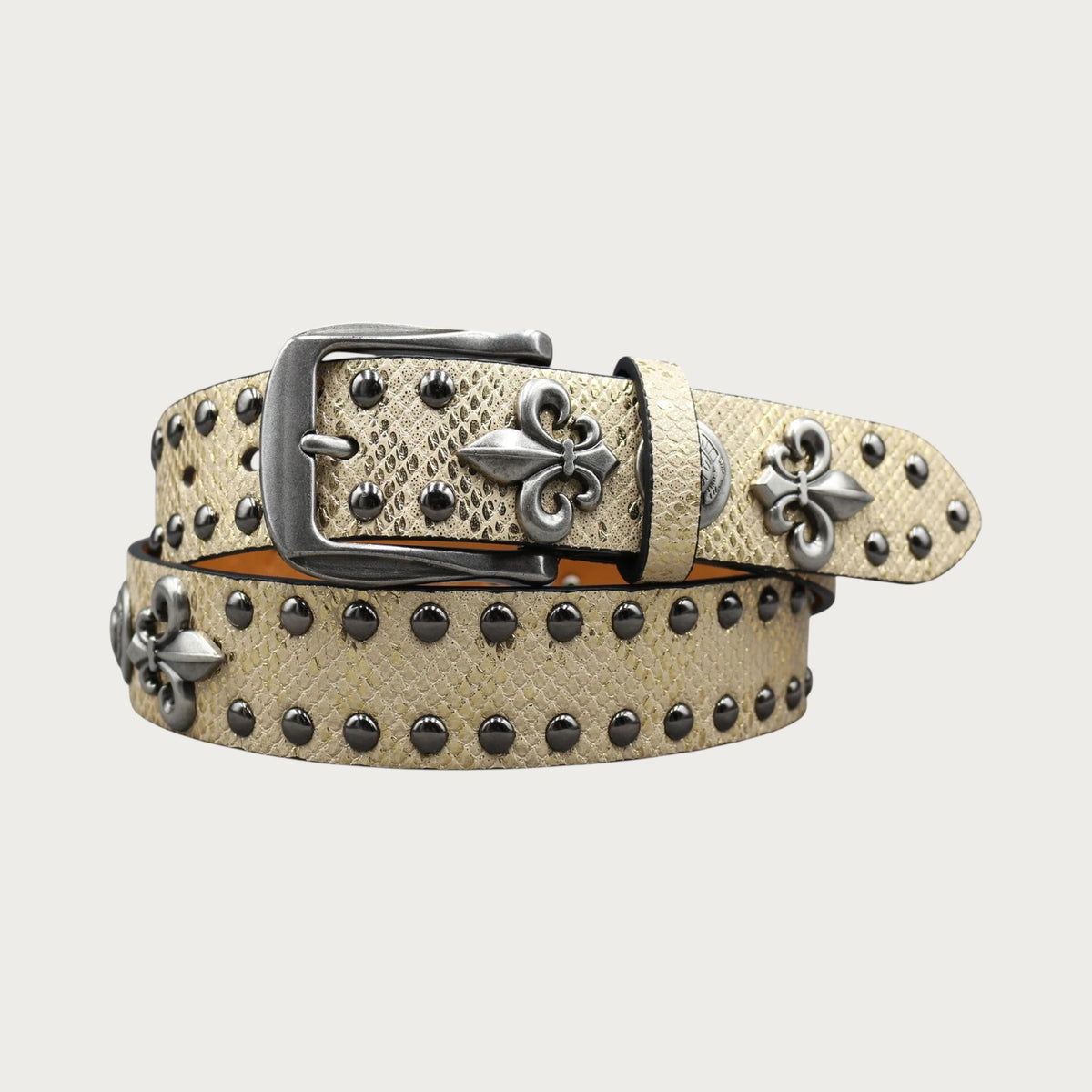 Ceintura ceinture en similicuir beige style Y2K avec rivets métalliques et ornements en forme de croix fleur de lys