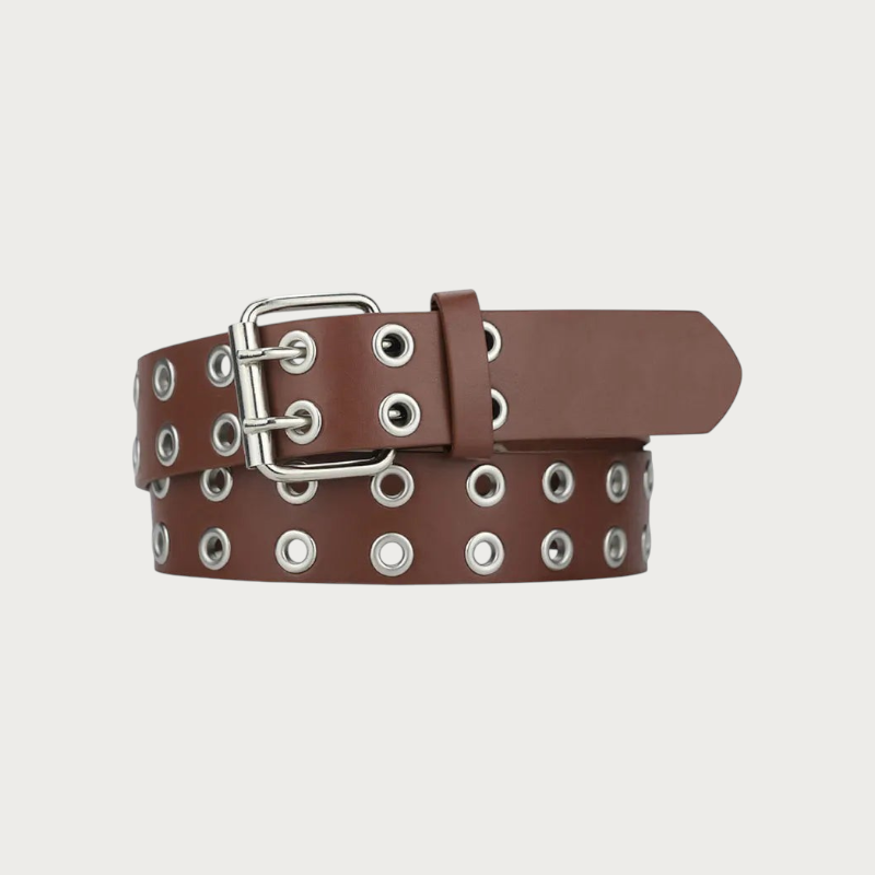 Ceinture rock marron pour femme Ceintura en similicuir avec double rangée d'œillets métalliques et boucle argentée Image
