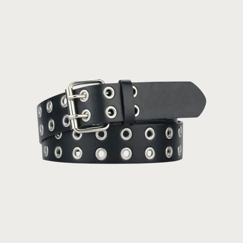 Ceinture rock noire Ceintura en similicuir avec double rangée d'œillets métalliques et boucle argentée