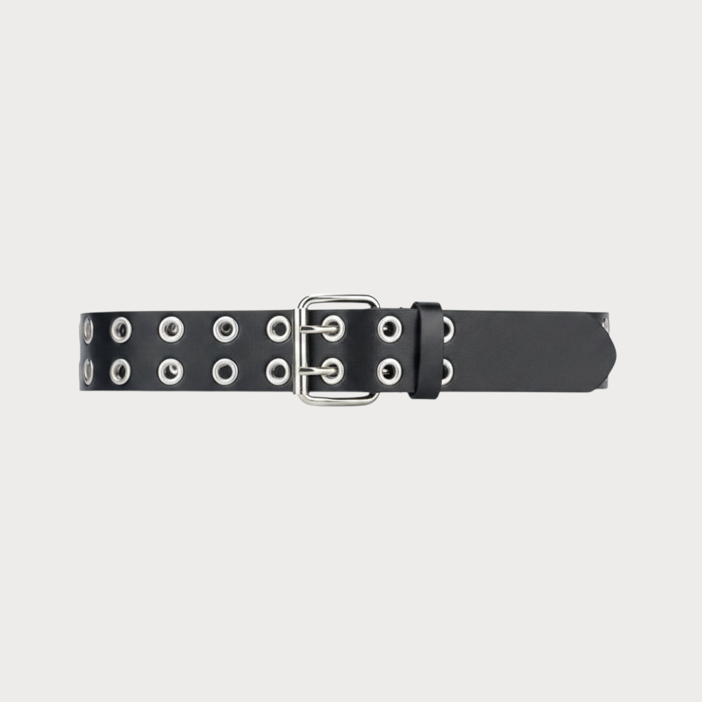 Ceintura ceinture rock noire pour femme en similicuir avec double rangée d'œillets métalliques et boucle carrée