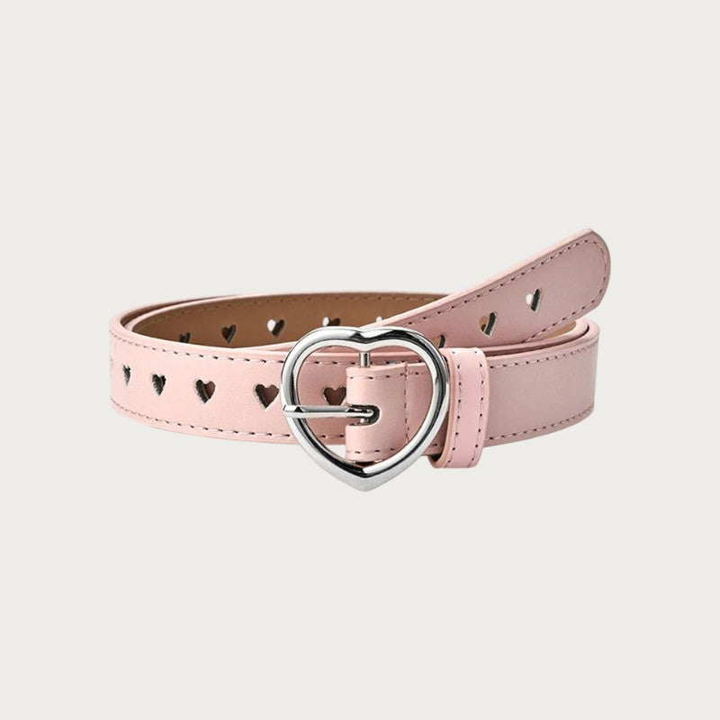 Ceinture rose en similicuir avec boucle en forme de cœur argentée et détails découpés en forme de cœur sur la sangle Image