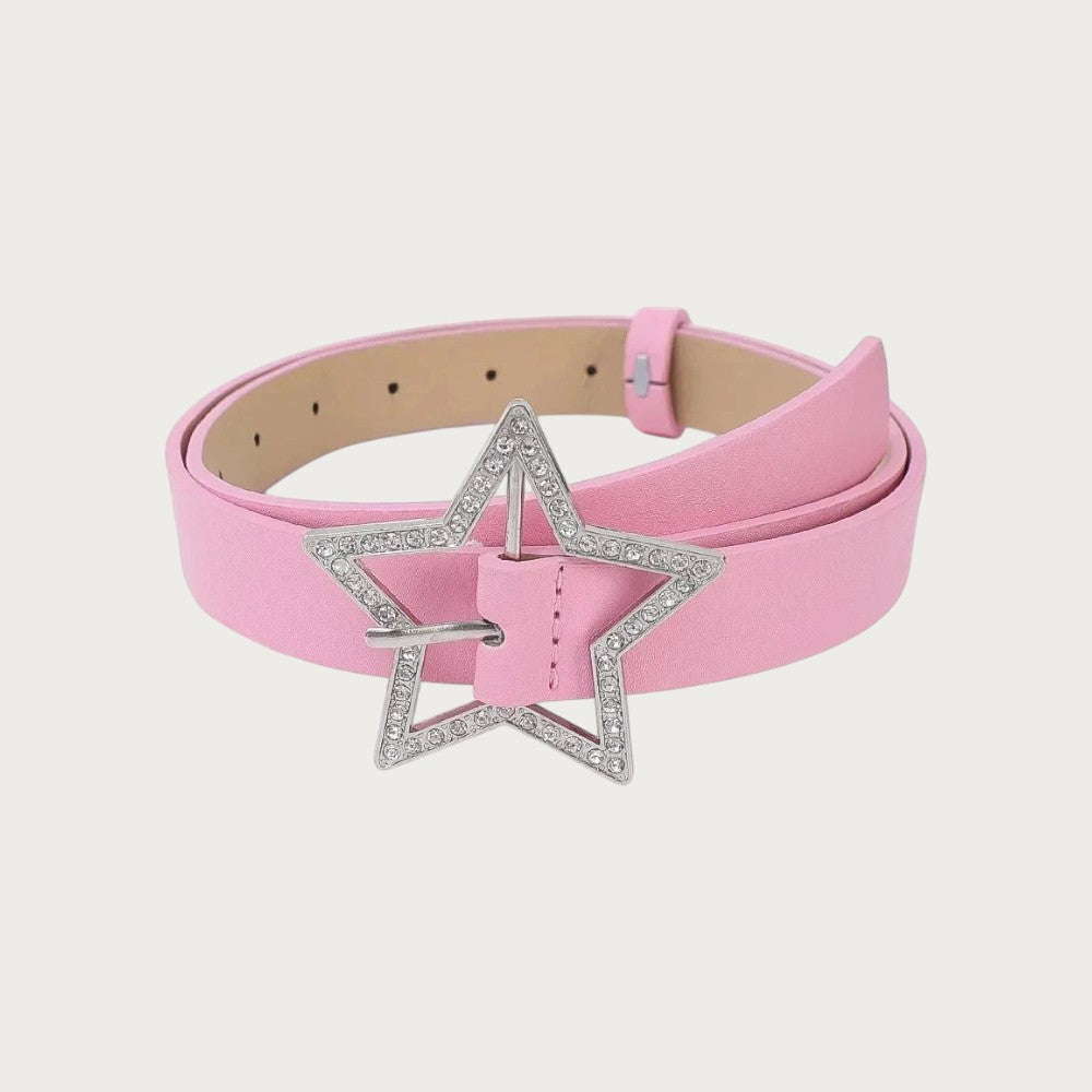 Ceinture Ceintura rose en similicuir enroulée, sangle passée dans la boucle étoile sertie de strass