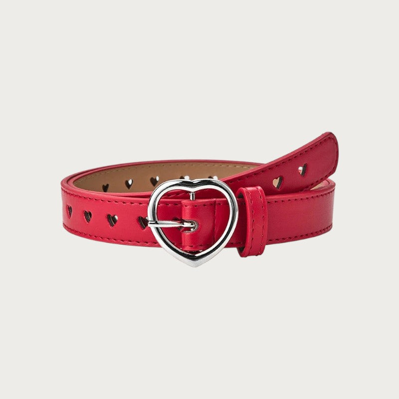 Ceintura ceinture rouge en similicuir pour enfant avec boucle en forme de cœur argentée et détails découpés