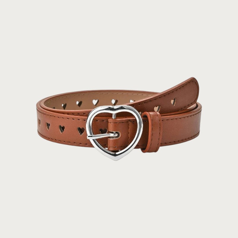 Ceinture Ceintura en similicuir marron avec boucle en forme de cœur argenté et détails découpés en forme de cœur