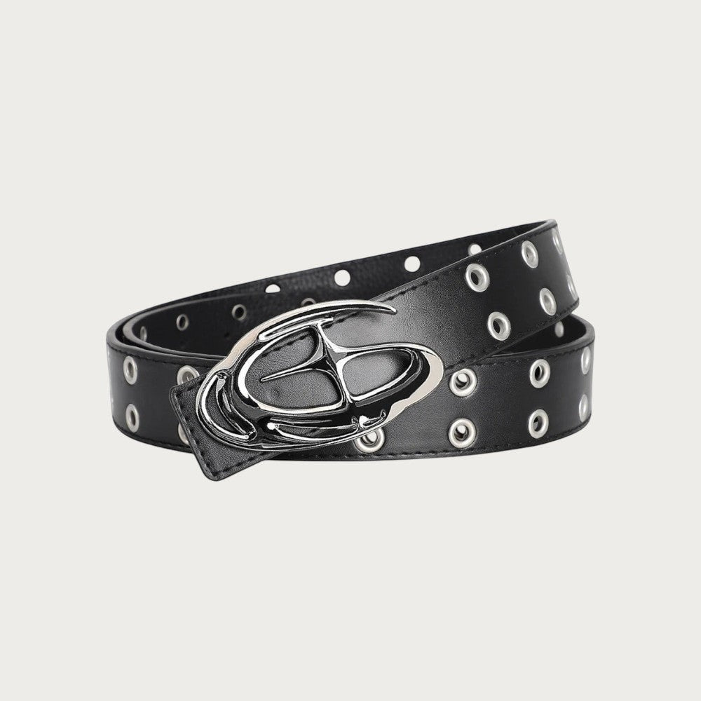 Ceinture Ceintura Aria en similicuir noir avec boucle étoile argentée et double rangée d'œillets métalliques style punk