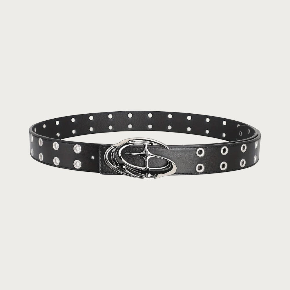 Ceinture Ceintura Aria en similicuir noir enroulée, double rangée d'œillets métalliques et boucle étoile argentée