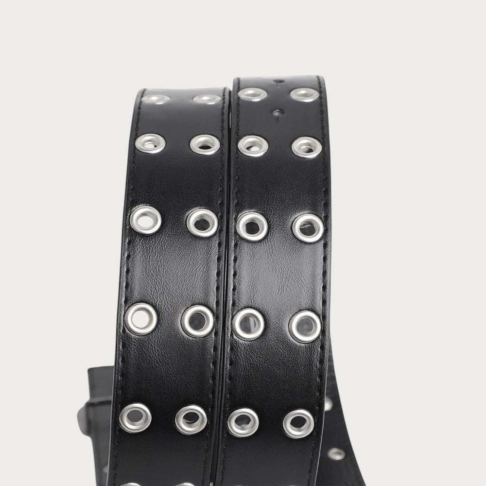 Ceinture Ceintura Aria en similicuir noir avec double rangée d'œillets métalliques argentés style punk Y2K Image