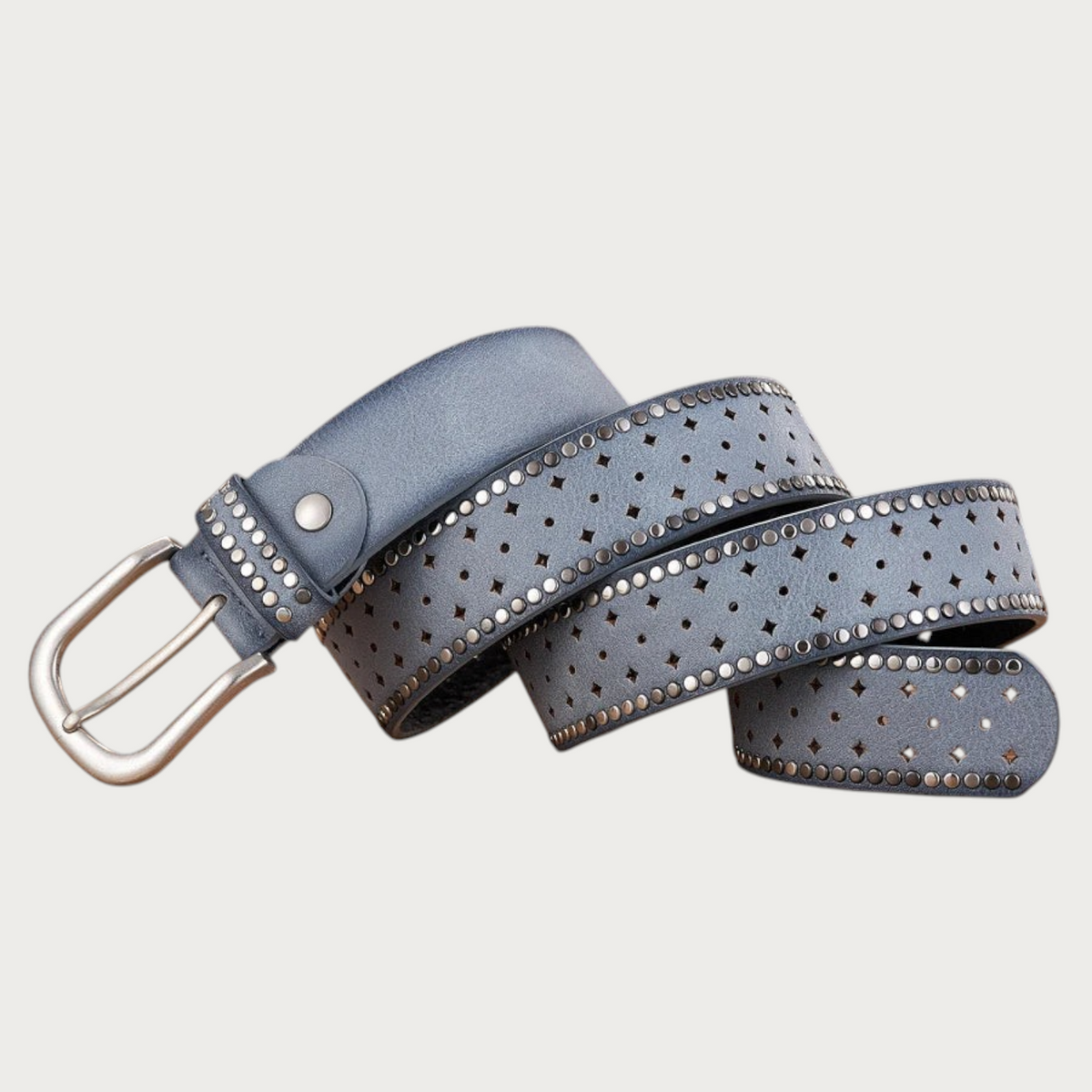 Ceinture Ceintura Stresa bleue en similicuir vieilli avec motifs ajourés en losange et clous ronds décoratifs