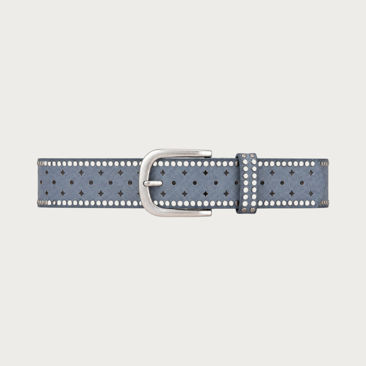 Ceinture Ceintura Stresa bleu ciel en similicuir vieilli avec motifs ajourés en losange et clous ronds argentés