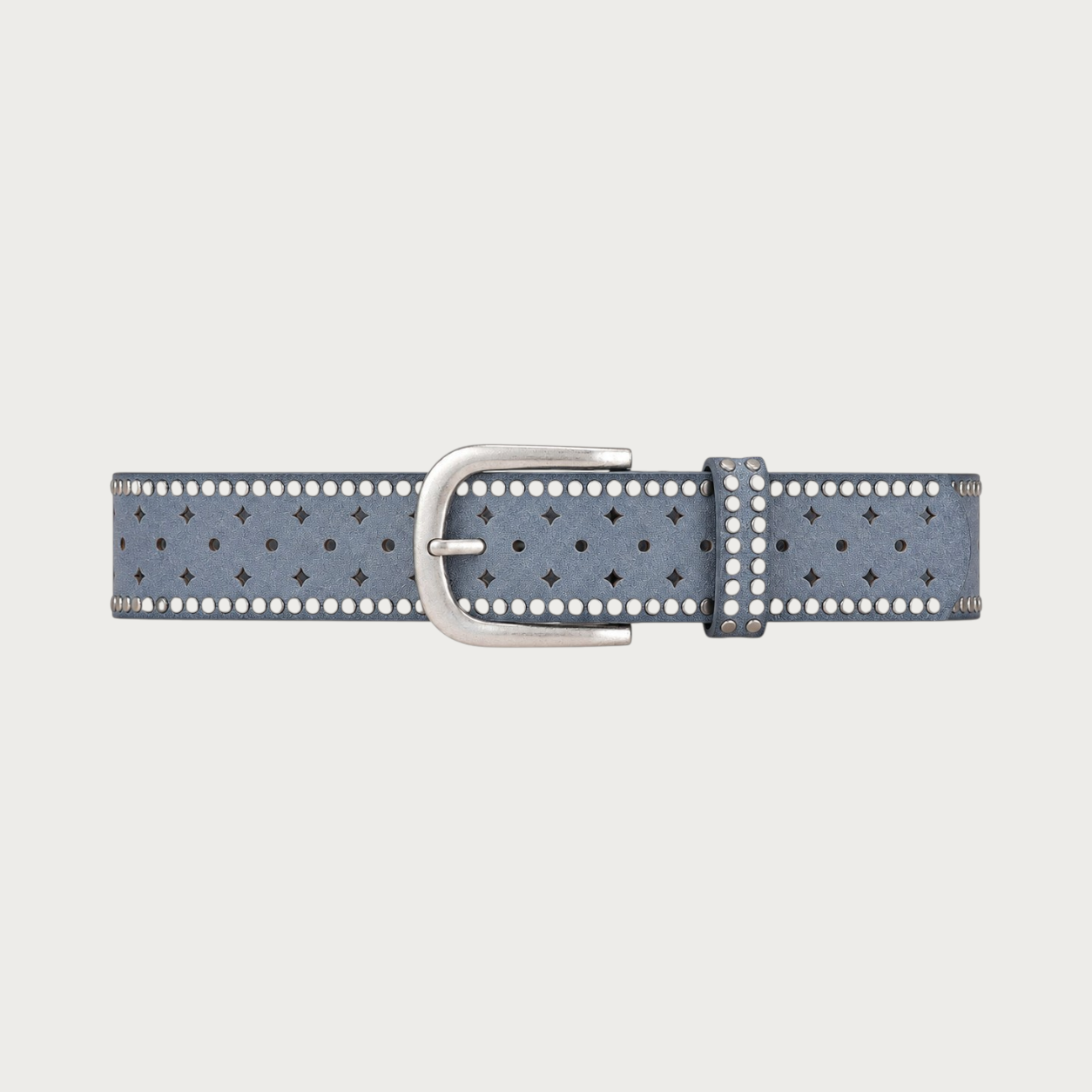 Ceinture Ceintura Stresa bleu ciel en similicuir vieilli avec motifs ajourés en losange et clous ronds argentés Image