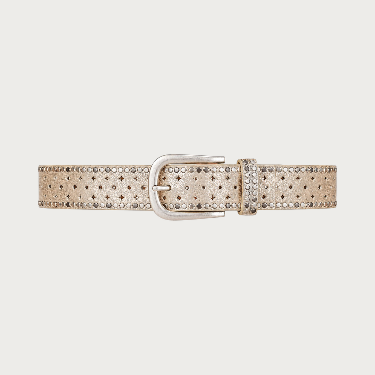 Ceinture Ceintura Stresa dorée en similicuir vieilli avec motifs losanges ajourés, clous ronds et boucle ovale Image