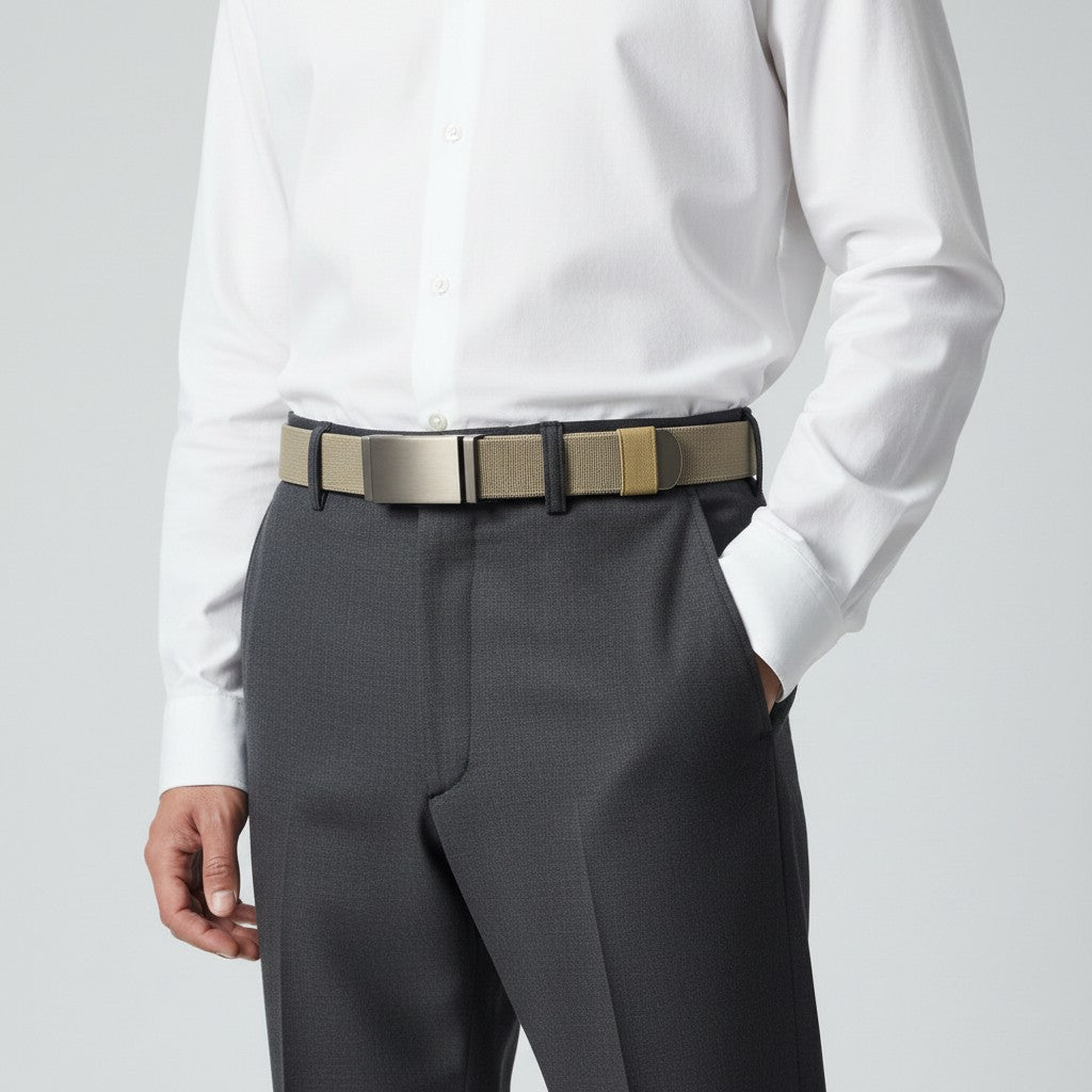Ceintura ceinture tactique élastique beige avec boucle automatique en métal portée sur un pantalon gris