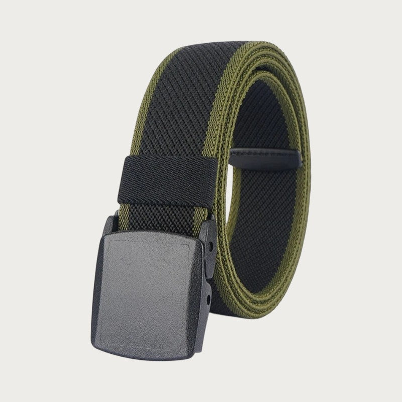 Ceintura ceinture tactique élastique bicolore vert et noir avec boucle en plastique sans métal pour homme
