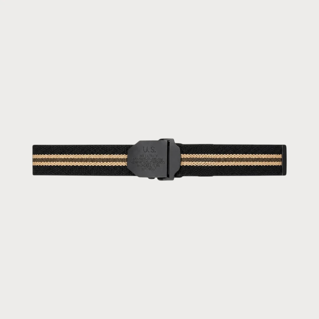 Ceinture Ceintura en toile rayée noir et beige déployée à plat, boucle automatique noire de style militaire