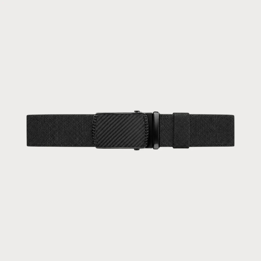Ceinture Ceintura en nylon noir tissé déployée à plat, boucle automatique noire mate au centre