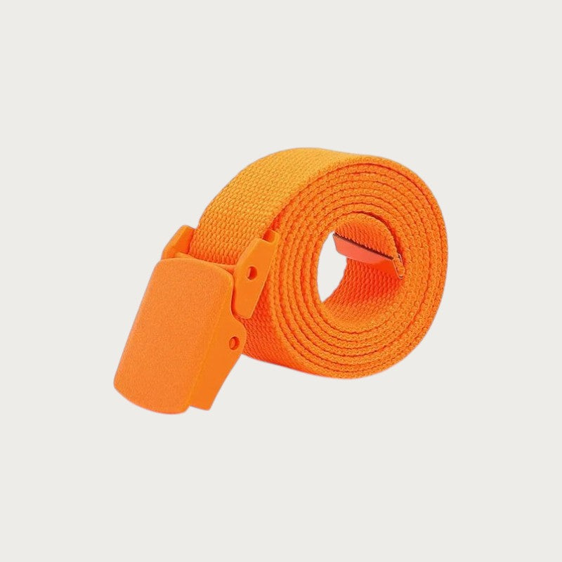 Ceinture tactique orange en toile pour enfant avec boucle en plastique réglable, style décontracté et léger.