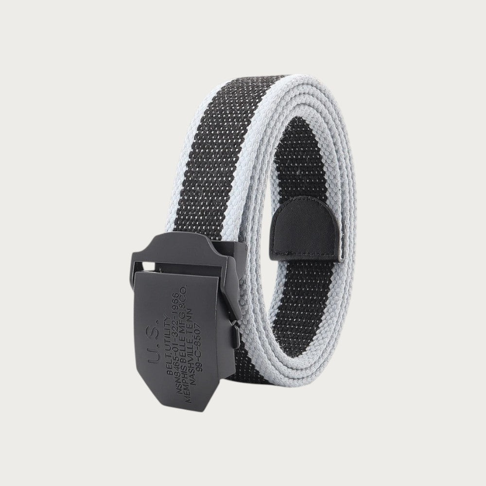Ceinture tactique rayée noire et grise en toile avec boucle métallique noire de style militaire par Ceintura