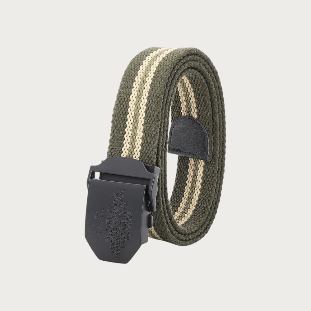 Ceinture tactique rayée vert olive et beige en toile avec boucle militaire noire de la marque Ceintura