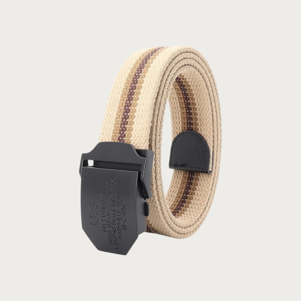 Ceintura ceinture tactique en toile beige rayée avec boucle militaire noire en alliage pour un style décontracté