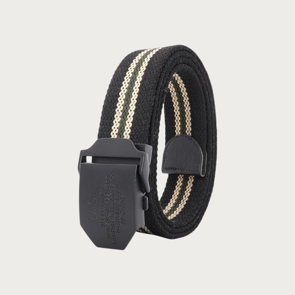Ceinture tactique Ceintura en toile noire rayée avec boucle militaire en alliage noir pour un style décontracté