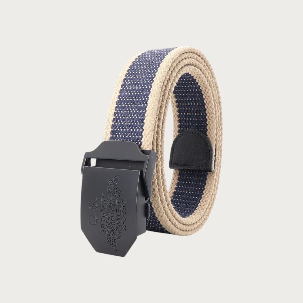Ceintura ceinture tactique en toile rayée beige et bleue avec boucle militaire en métal noir pour un style décontracté