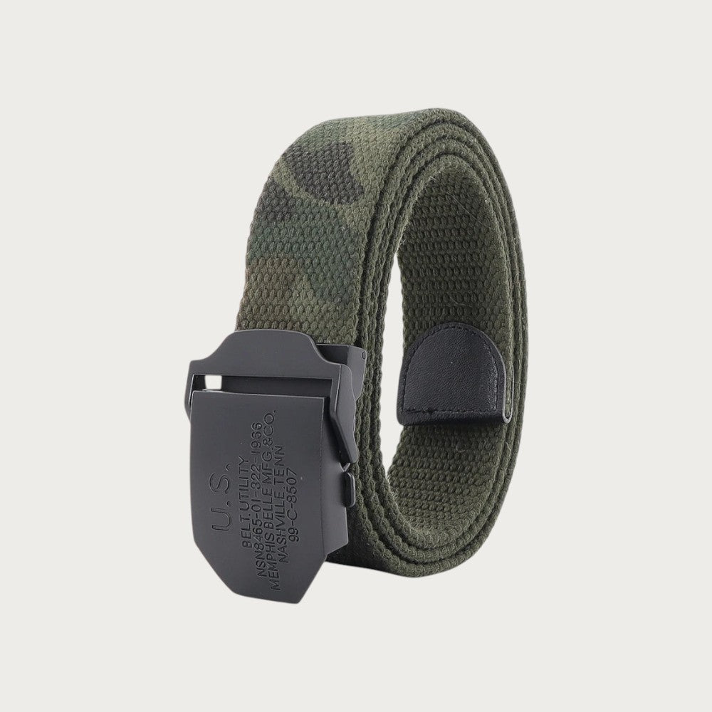 Ceinture tactique militaire en toile verte avec boucle en alliage noir gravée, style décontracté par Ceintura.