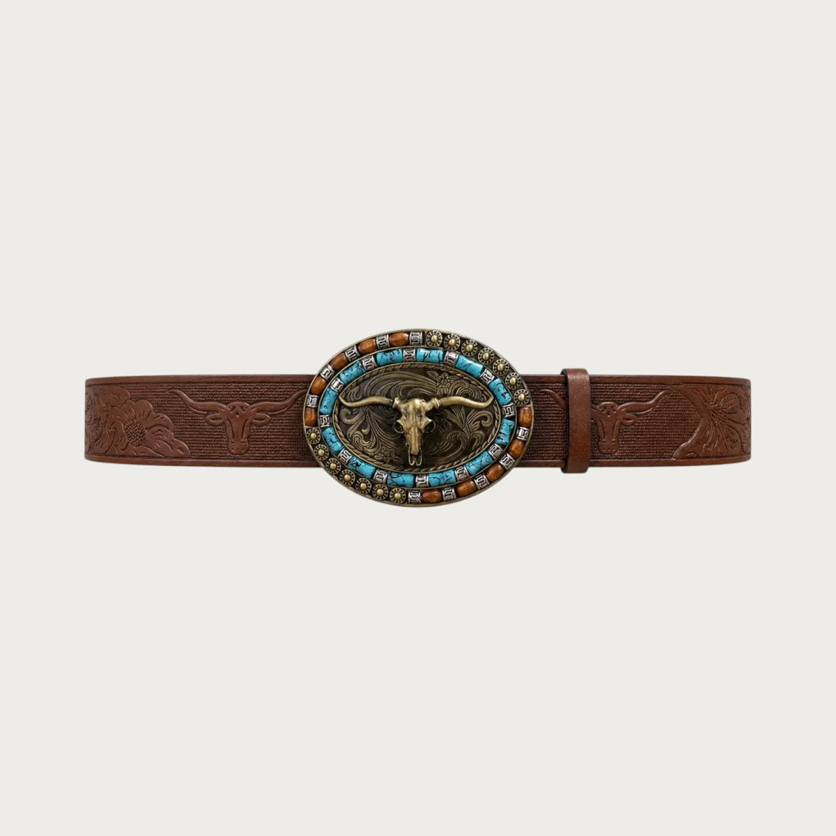 Ceinture Ceintura en similicuir marron avec boucle western ovale, tête de longhorn dorée et perles turquoise et ambre. Image