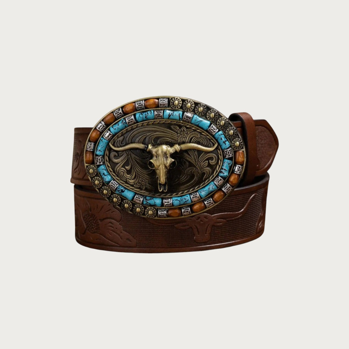 Ceinture Ceintura en similicuir marron avec boucle western ovale ornée d'une tête de longhorn, turquoise et ambre