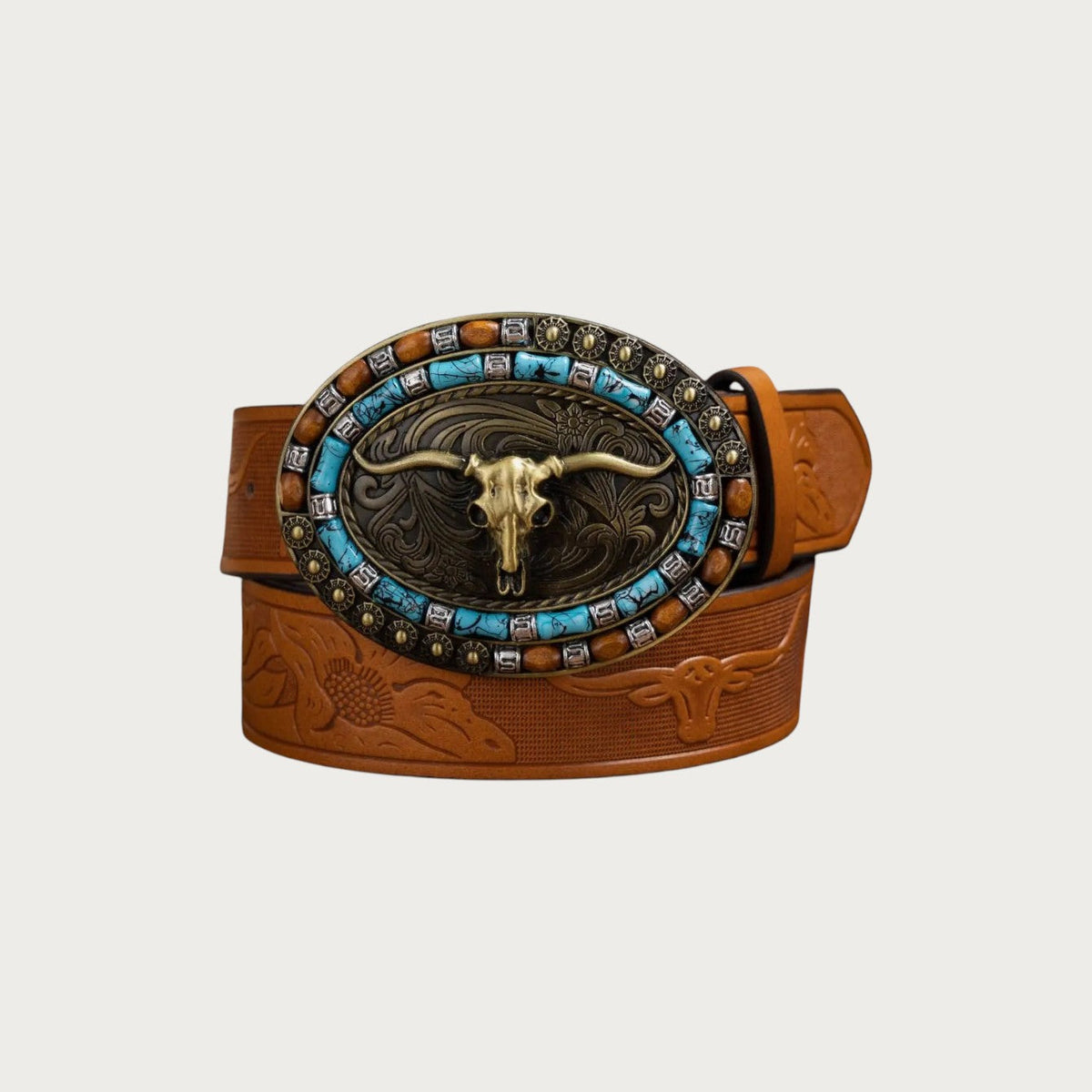 Ceinture Ceintura en similicuir marron avec boucle ovale western, tête de longhorn dorée et perles turquoise